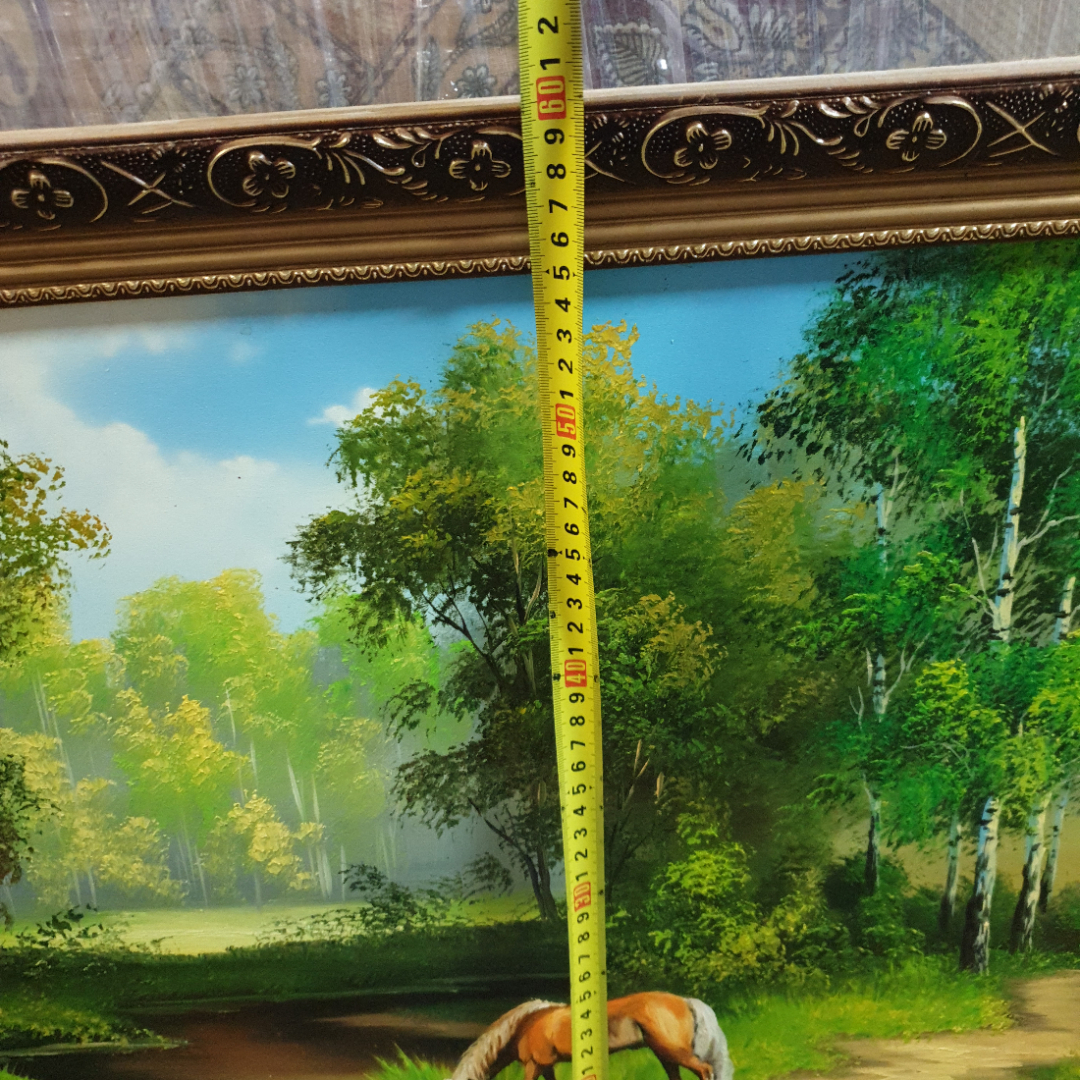 Картина "Лошадь у воды", масло на фанере, А. Лычковская, размер полотна 88х50 см. Скол на рамке. Картинка 4